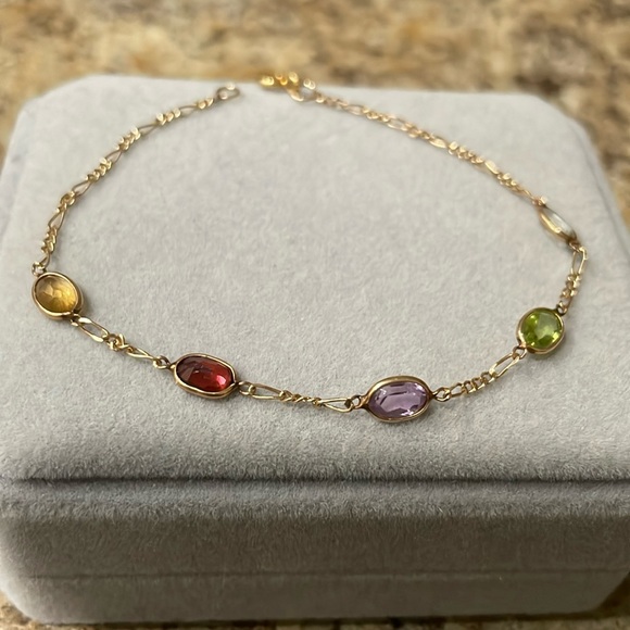 14K Yellow Gold Multi-Color Quartz 5-Stones Figaro Link Bracelet Stamp 14k - Picture 3 of 10